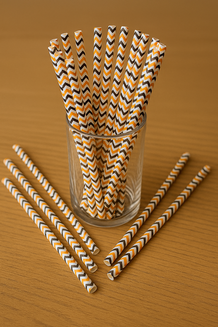Halloween Chevron Paper Straws – 50 Pcs – White with Orange & Black Zigzag Print