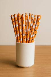 Halloween Paper Straws - 50pcs - Orange Ghost & Bat Print – Eco-Friendly