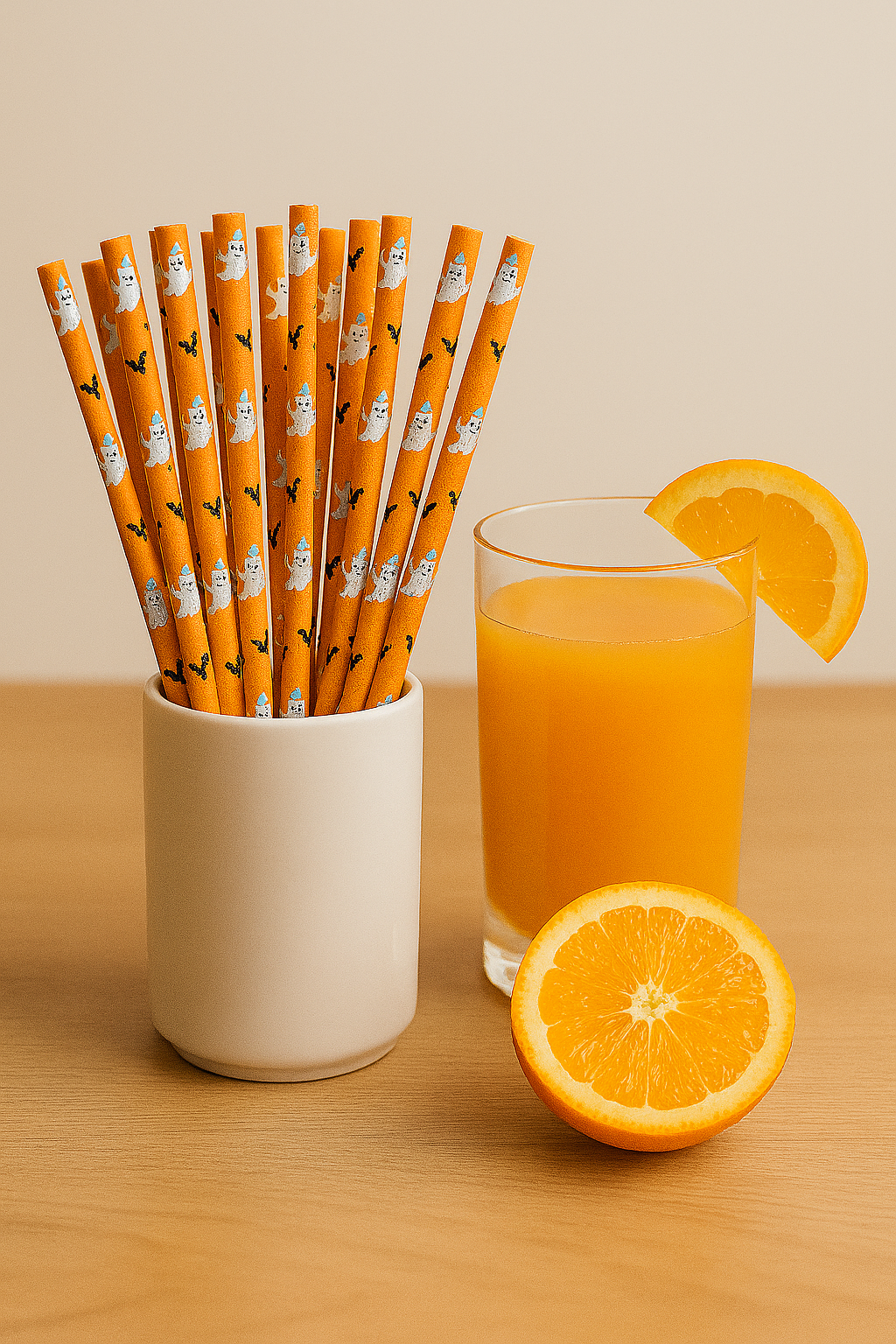 Halloween Paper Straws - 50pcs - Orange Ghost & Bat Print – Eco-Friendly