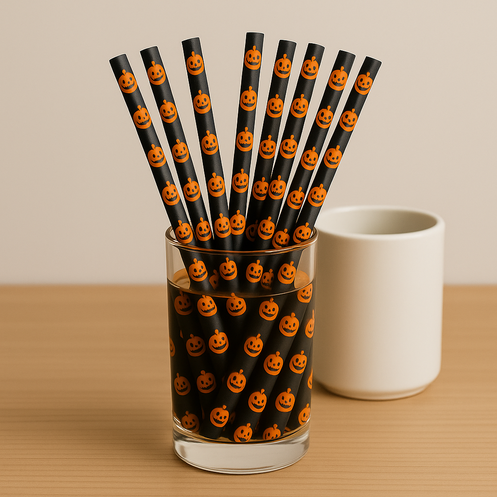 Halloween Pumpkin Paper Straws – 50 Pcs – Eco-Friendly Black & Orange Jack-o’-Lantern Straws