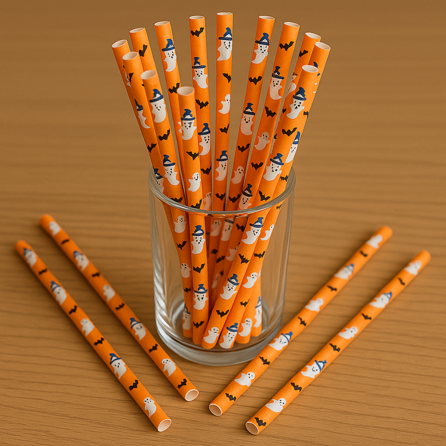 Halloween Paper Straws - 50pcs - Orange Ghost & Bat Print – Eco-Friendly