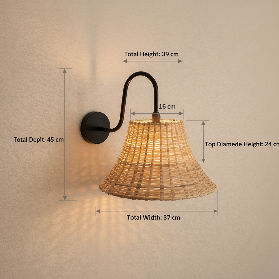 Handwoven Rattan Wall Light with Matte Black Arm | Natural Beige Shade | E14 Holder | 39 cm Height