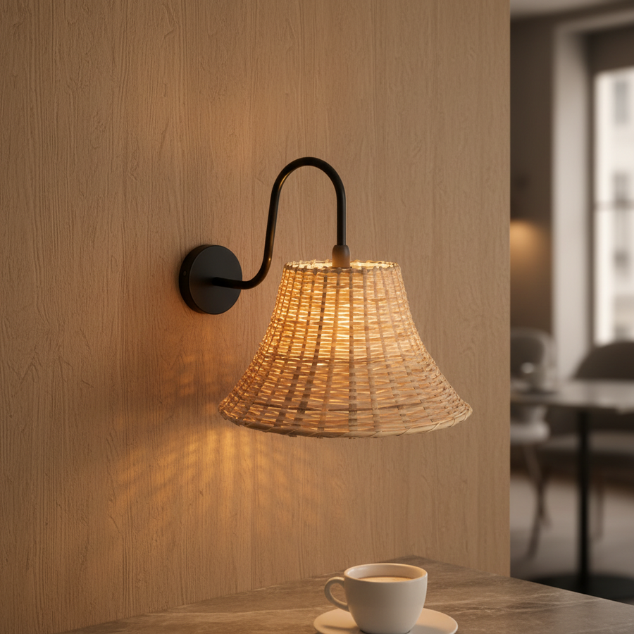 Handwoven Rattan Wall Light with Matte Black Arm | Natural Beige Shade | E14 Holder | 39 cm Height