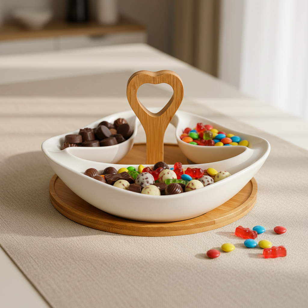 Heart Handle Ceramic Serving Bowl Set with Wooden Stand – 3-Compartment White Snack & Dry Fruit Server