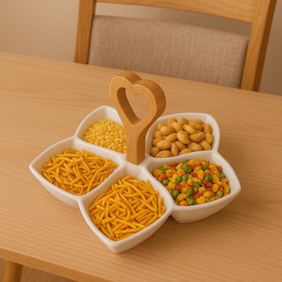 5-Section Ceramic Snack Tray with Wooden Heart Handle | Dry Fruit, Candy & Nut Server