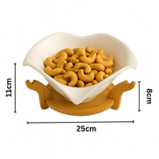 Elegant White Ceramic Leaf-Shaped Bowl with Wooden Stand – Decorative & Functional Serving Bowl