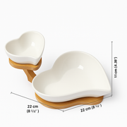Heart Shaped Ceramic Bowl Set with Wooden Stand | Snack & Dip Server | Chips, Salsa & Dry Fruit Tray