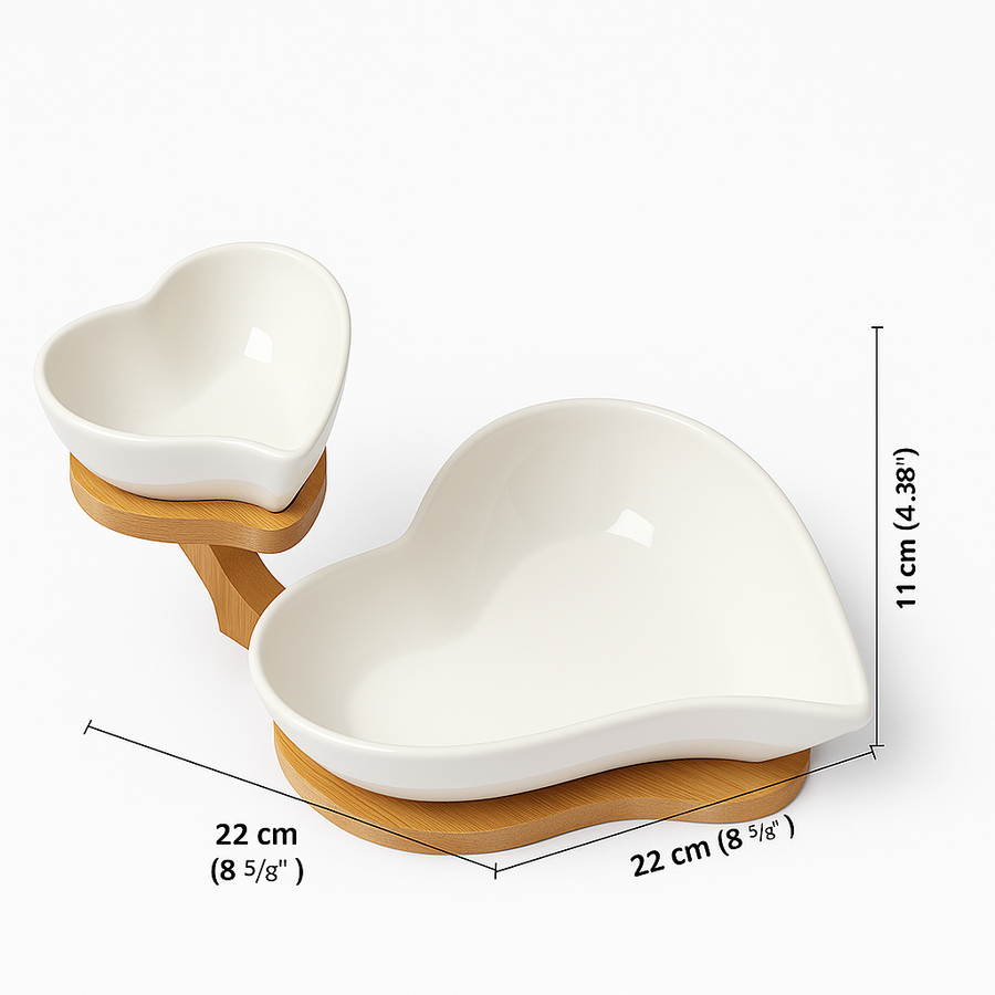 Heart Shaped Ceramic Bowl Set with Wooden Stand | Snack & Dip Server | Chips, Salsa & Dry Fruit Tray