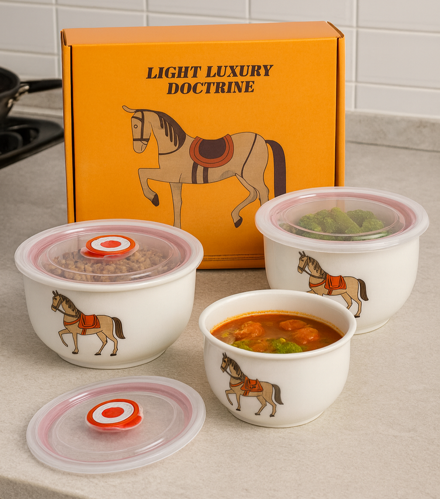 Coral Tree Ceramic 3-Piece Lunch Box / Bowl Set with Airtight Lids – Horse Print Design – Microwave & Refrigerator Safe