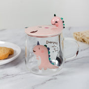 Dinosaur unicorn Glass Mug with lid and spoon-Pink