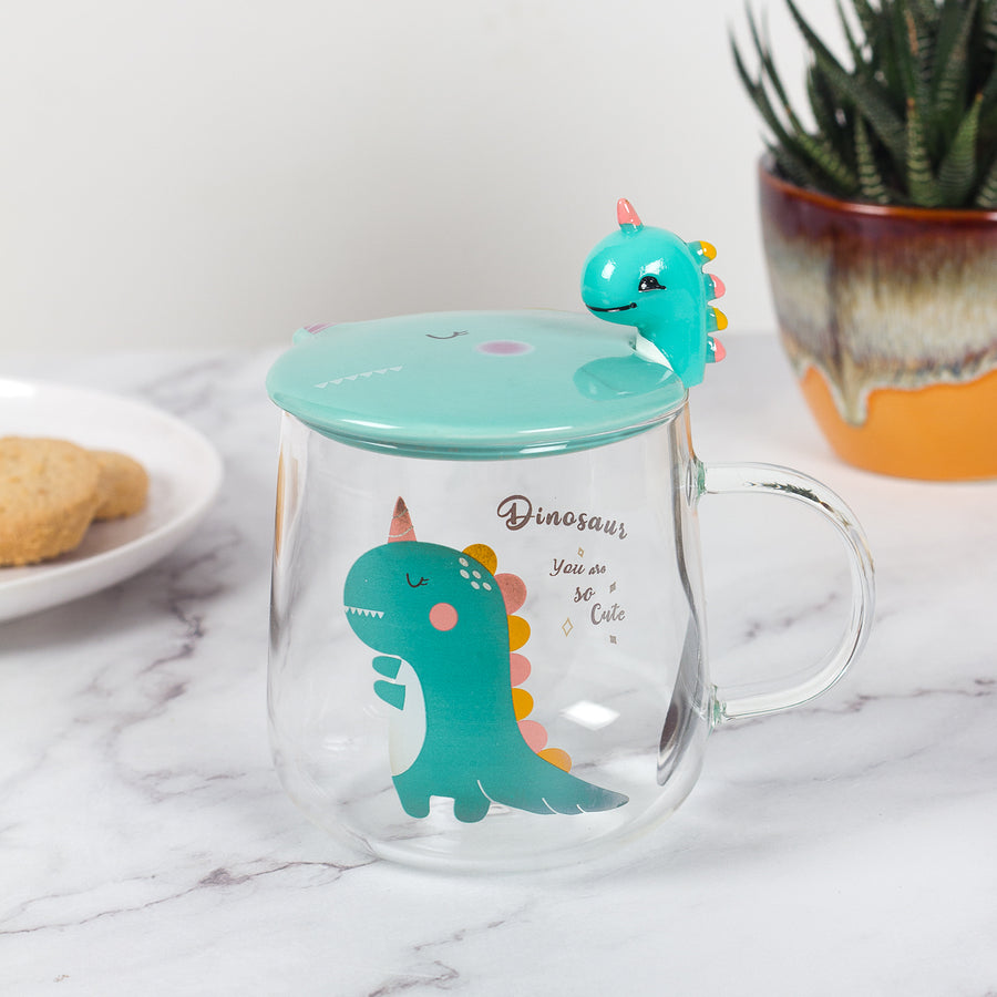Dinosaur unicorn Glass Mug with lid and spoon- Green
