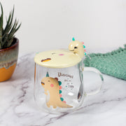 Dinosaur unicorn Glass Mug with lid and spoon-Yellow