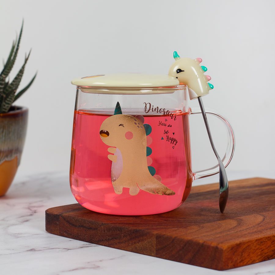 Dinosaur unicorn Glass Mug with lid and spoon-Yellow