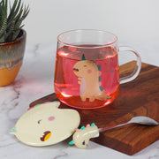 Dinosaur unicorn Glass Mug with lid and spoon-Yellow