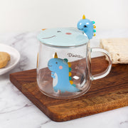 Dinosaur unicorn Glass Mug with lid and spoon- Blue