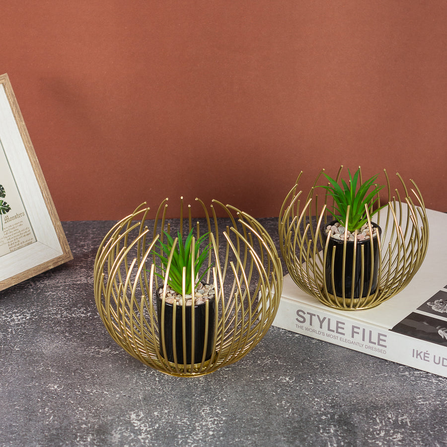 set of 2 metal table decor with artificial plant