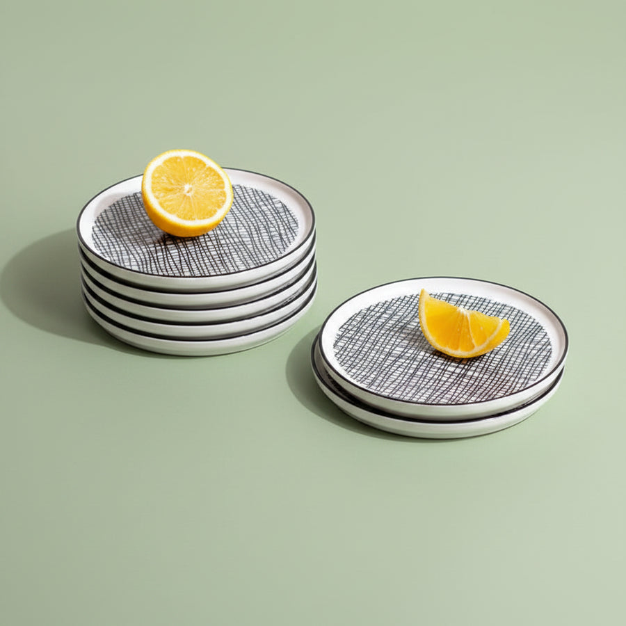 Coral Tree Ceramic Dessert Plate Set of 6 | Black Line Pattern Snack Plate | 15 cm Serving Plate
