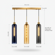 Coral Tree Blue, Amber & Smoke Glass 3-Light Linear Pendant Light with Gold Finish | Adjustable Hanging Ceiling Lamp