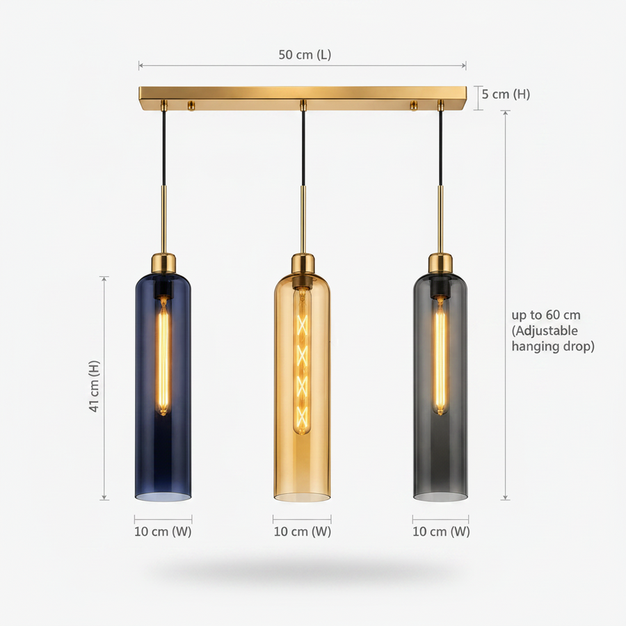 Coral Tree Blue, Amber & Smoke Glass 3-Light Linear Pendant Light with Gold Finish | Adjustable Hanging Ceiling Lamp