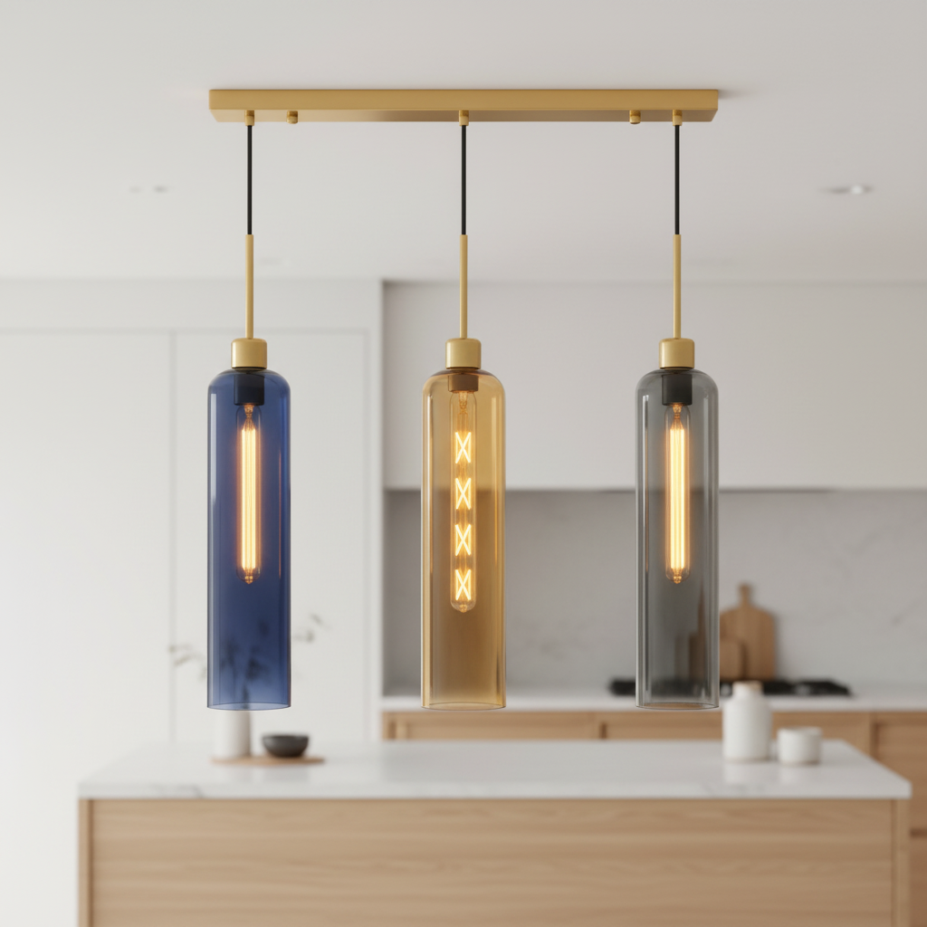 Coral Tree Blue, Amber & Smoke Glass 3-Light Linear Pendant Light with Gold Finish | Adjustable Hanging Ceiling Lamp
