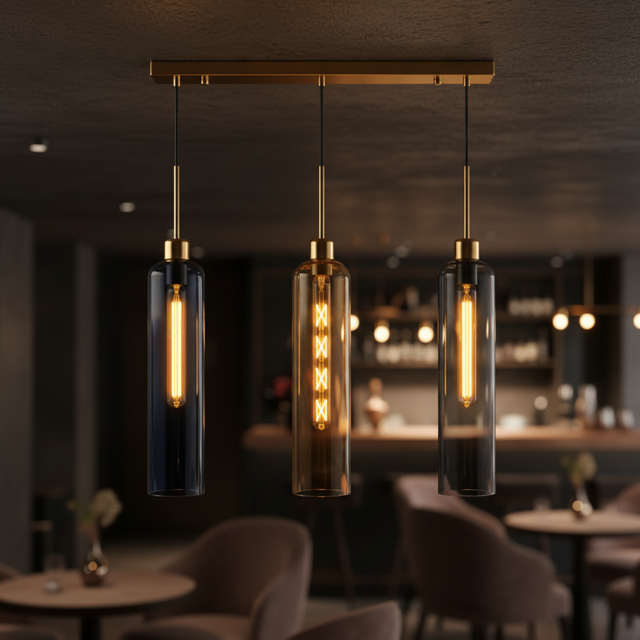 Coral Tree Blue, Amber & Smoke Glass 3-Light Linear Pendant Light with Gold Finish | Adjustable Hanging Ceiling Lamp