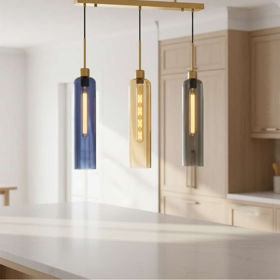 Coral Tree Blue, Amber & Smoke Glass 3-Light Linear Pendant Light with Gold Finish | Adjustable Hanging Ceiling Lamp