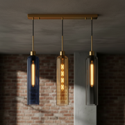 Coral Tree Blue, Amber & Smoke Glass 3-Light Linear Pendant Light with Gold Finish | Adjustable Hanging Ceiling Lamp