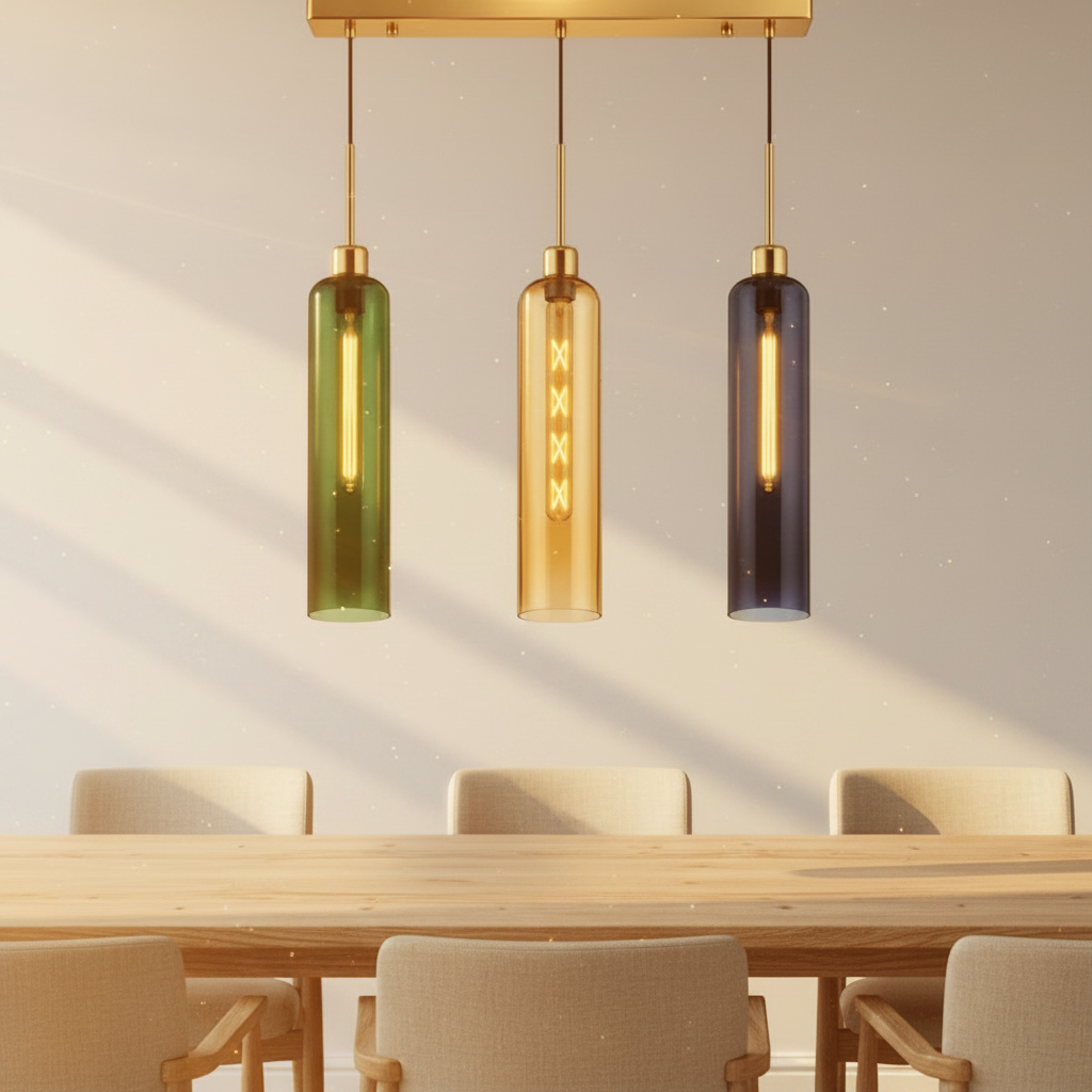 Coral Tree Green, Amber & Blue Glass 3-Light Linear Pendant Light with Gold Finish