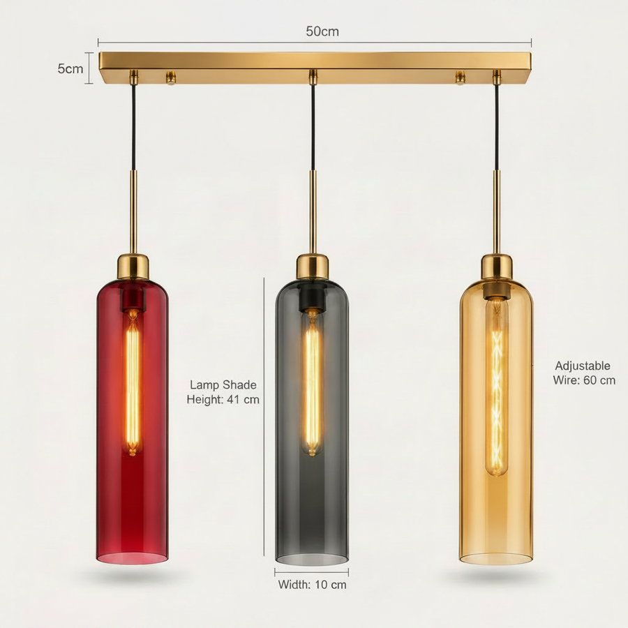 Modern 3-Light Glass Pendant Light with Gold Linear Ceiling Plate | Red Smoke Amber Shades | Adjustable Hanging Lamp