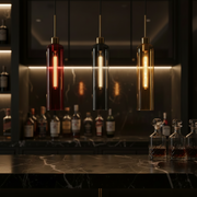 Modern 3-Light Glass Pendant Light with Gold Linear Ceiling Plate | Red Smoke Amber Shades | Adjustable Hanging Lamp