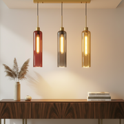 Modern 3-Light Glass Pendant Light with Gold Linear Ceiling Plate | Red Smoke Amber Shades | Adjustable Hanging Lamp