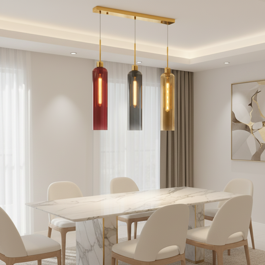 Modern 3-Light Glass Pendant Light with Gold Linear Ceiling Plate | Red Smoke Amber Shades | Adjustable Hanging Lamp