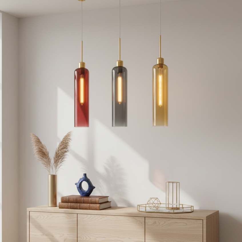Modern 3-Light Glass Pendant Light with Gold Linear Ceiling Plate | Red Smoke Amber Shades | Adjustable Hanging Lamp