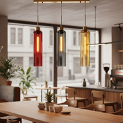Modern 3-Light Glass Pendant Light with Gold Linear Ceiling Plate | Red Smoke Amber Shades | Adjustable Hanging Lamp