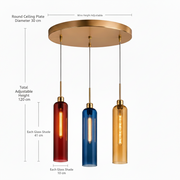 Coral Tree 3-Light Modern Glass Pendant Chandelier | Red Blue Amber Shades | Gold Round Ceiling Plate | Adjustable Hanging Light