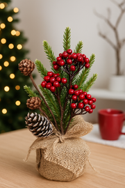 Christmas Table Decoration with Pinecones, Red Berries & Faux Greenery | Rustic Burlap Base | 27 cm Height – Festive Home & Office Décor