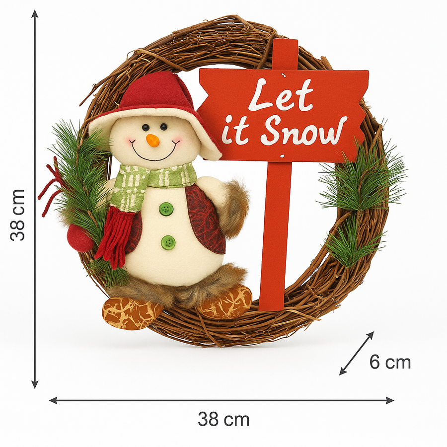 Coral Tree “Let It Snow” Christmas Wreath with Adorable Snowman  Handmade Natural Wooden Ring with plush snowman