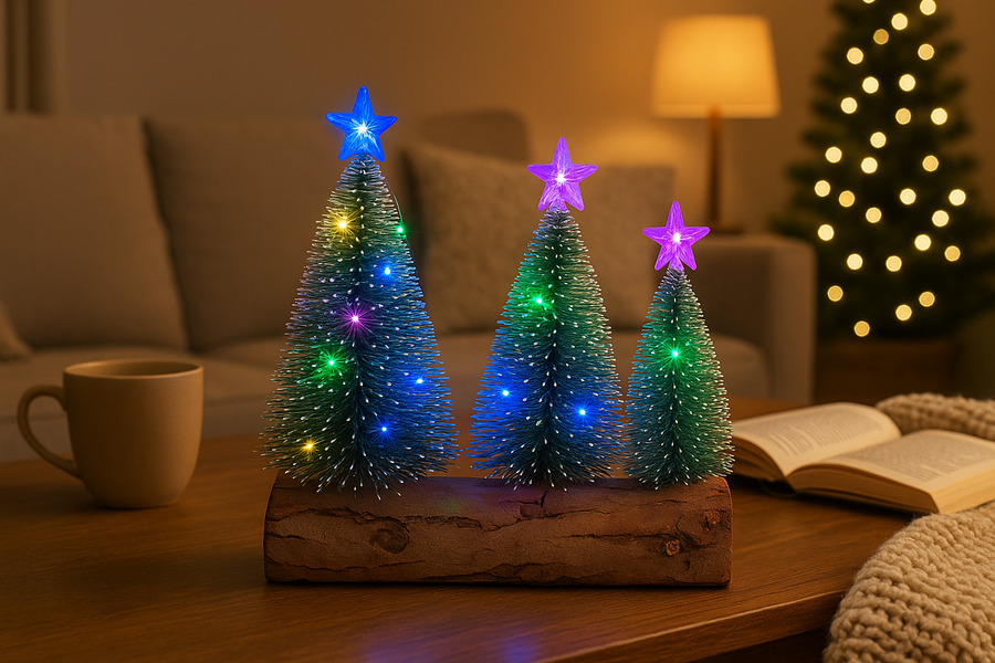 set of 3  Christmas LED Table Tree Set with Wooden Base