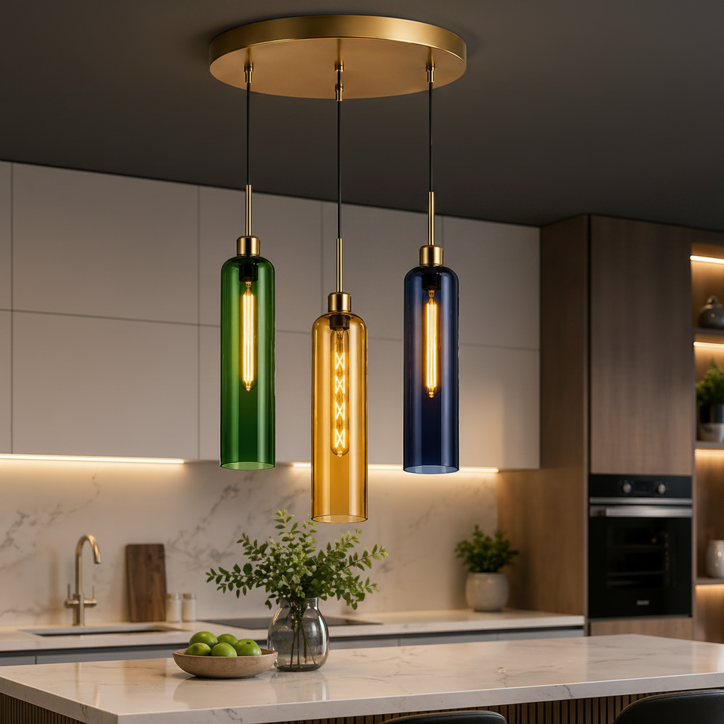 Coral Tree 3-Light Modern Glass Pendant Chandelier | Green Amber Blue Shades | Gold Round Ceiling Plate | Adjustable Hanging Light