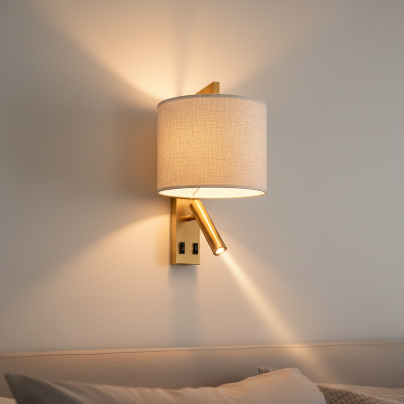 Modern Brass Wall Light with LED Reading Lamp & Linen Shade