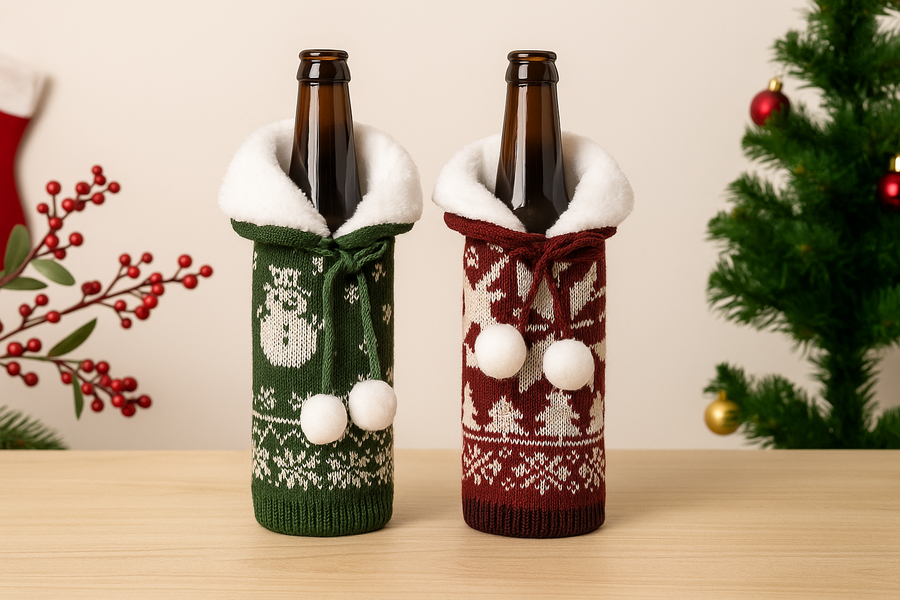 Coral Tree Woolen Christmas Wine Bottle Covers – Reindeer, Snowflake & Snowman