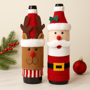Coral Tree Christmas Wine Bottle Covers – Santa, Snowman & Reindeer Knitted Gift Wraps