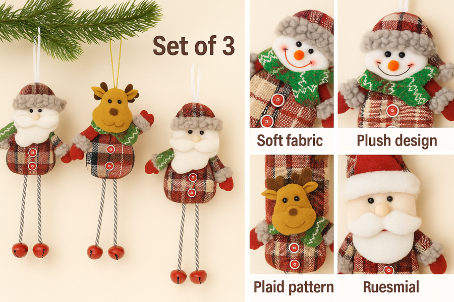 Coral Tree Set of 3 Christmas Ornaments – Santa, Reindeer & Snowman