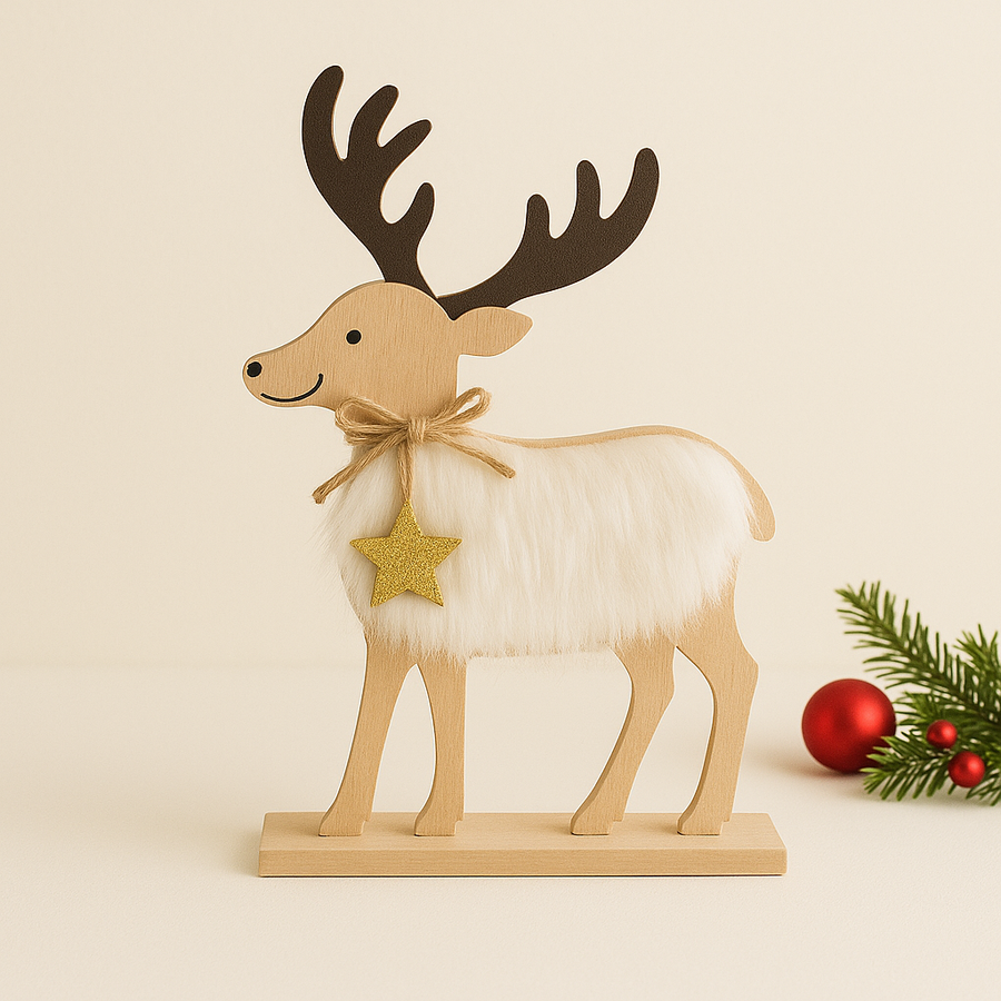CORAL TREE Wooden Christmas Reindeer Table Decor with White Faux Fur | 30 cm Height | Natural Wood Finish | Festive Home & Office Decoration