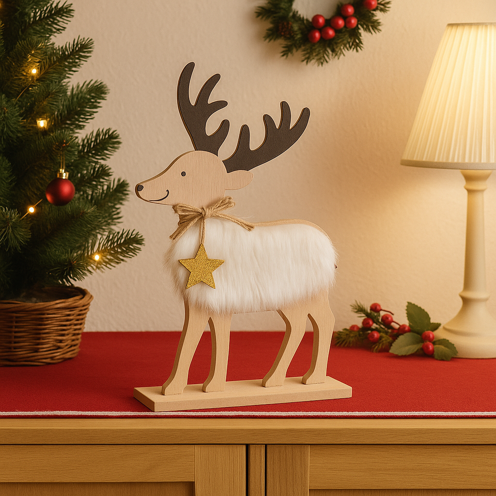 CORAL TREE Wooden Christmas Reindeer Table Decor with White Faux Fur | 30 cm Height | Natural Wood Finish | Festive Home & Office Decoration