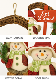 Coral Tree “Let It Snow” Christmas Wreath with Adorable Snowman  Handmade Natural Wooden Ring with plush snowman