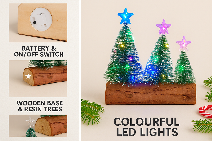 set of 3  Christmas LED Table Tree Set with Wooden Base
