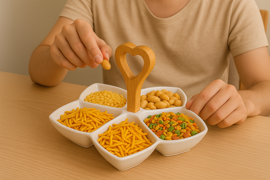 5-Section Ceramic Snack Tray with Wooden Heart Handle | Dry Fruit, Candy & Nut Server