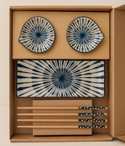 Japanese Dining Set – Ceramic Sushi Plate, 2 Dipping Bowls & 4 Chopsticks | Premium Gift Box