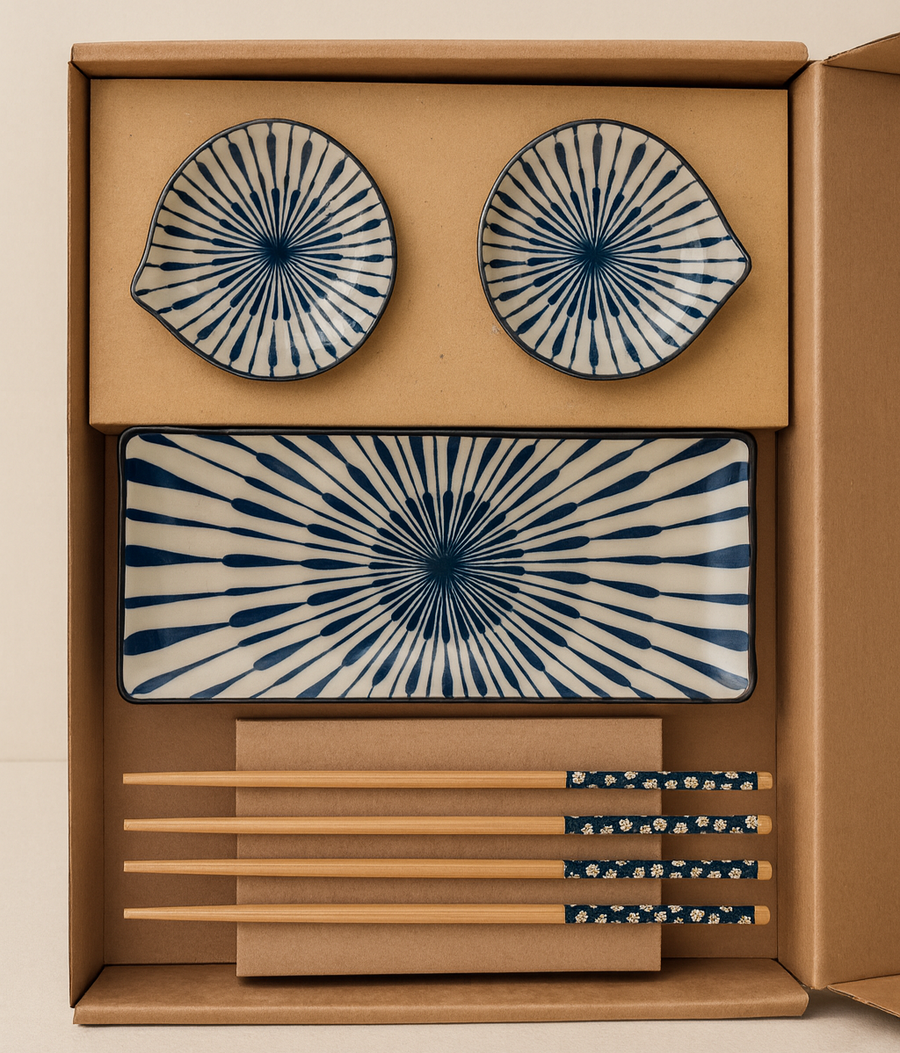 Japanese Dining Set – Ceramic Sushi Plate, 2 Dipping Bowls & 4 Chopsticks | Premium Gift Box